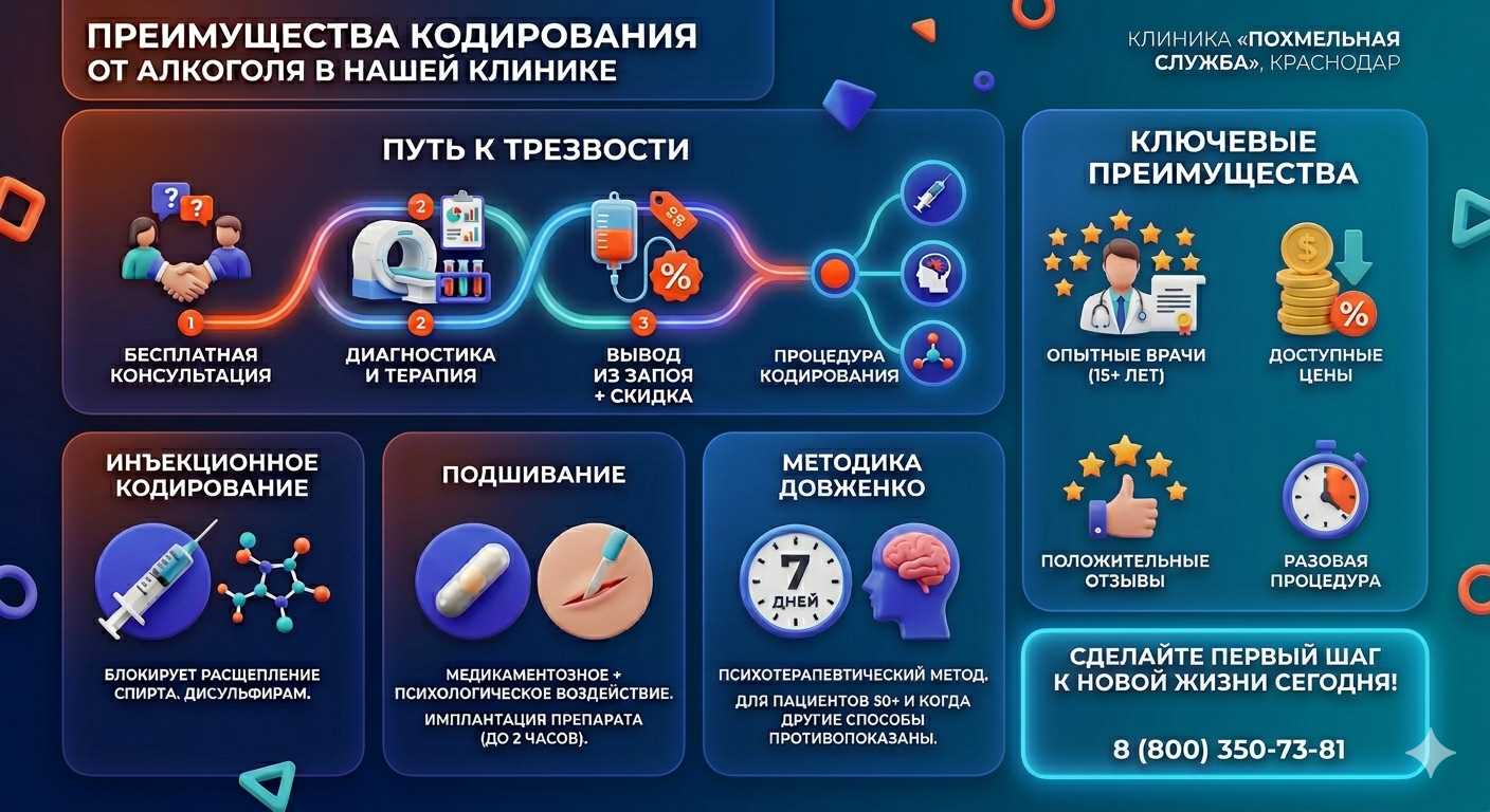 Инфографика о методах кодирования от алкоголя в Чите: инъекции, подшивание, метод Довженко. Преимущества клиники и этапы лечения.